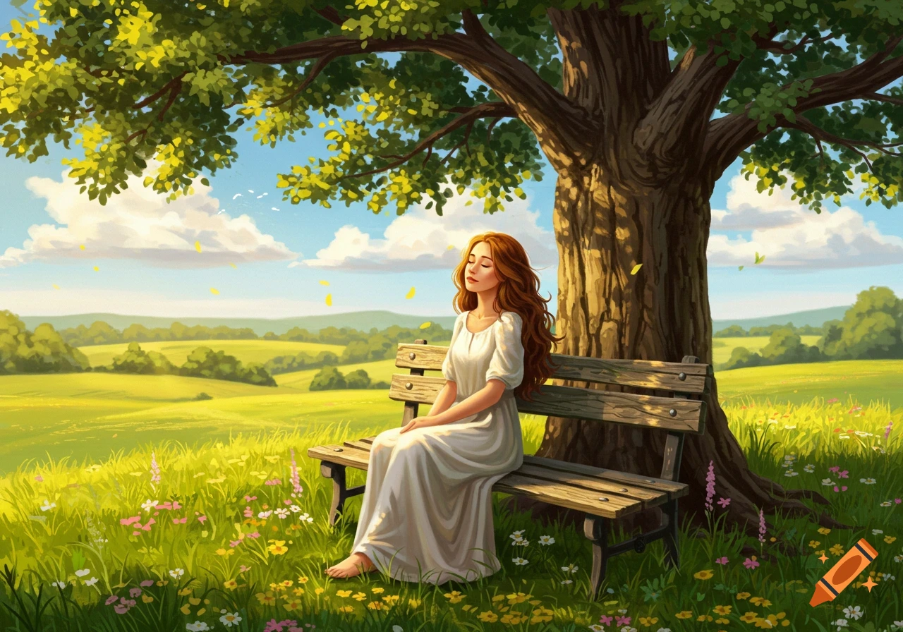 An illustration of a woman in a white dress sitting on a wooden bench under a large tree in a sunny, green field.