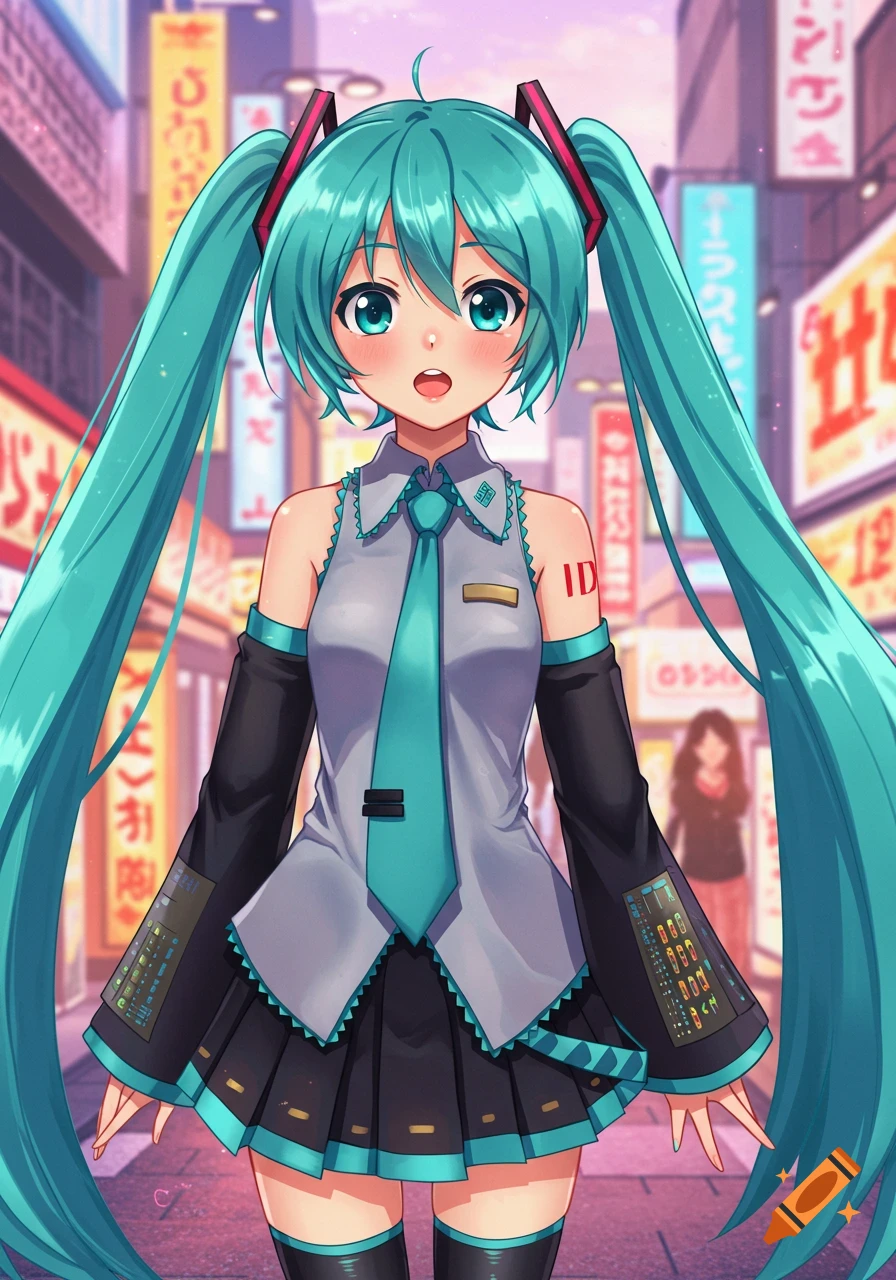 An anime girl, Hatsune Miku, with long turquoise pigtails and a grey and black outfit, stands in a bustling city street.
