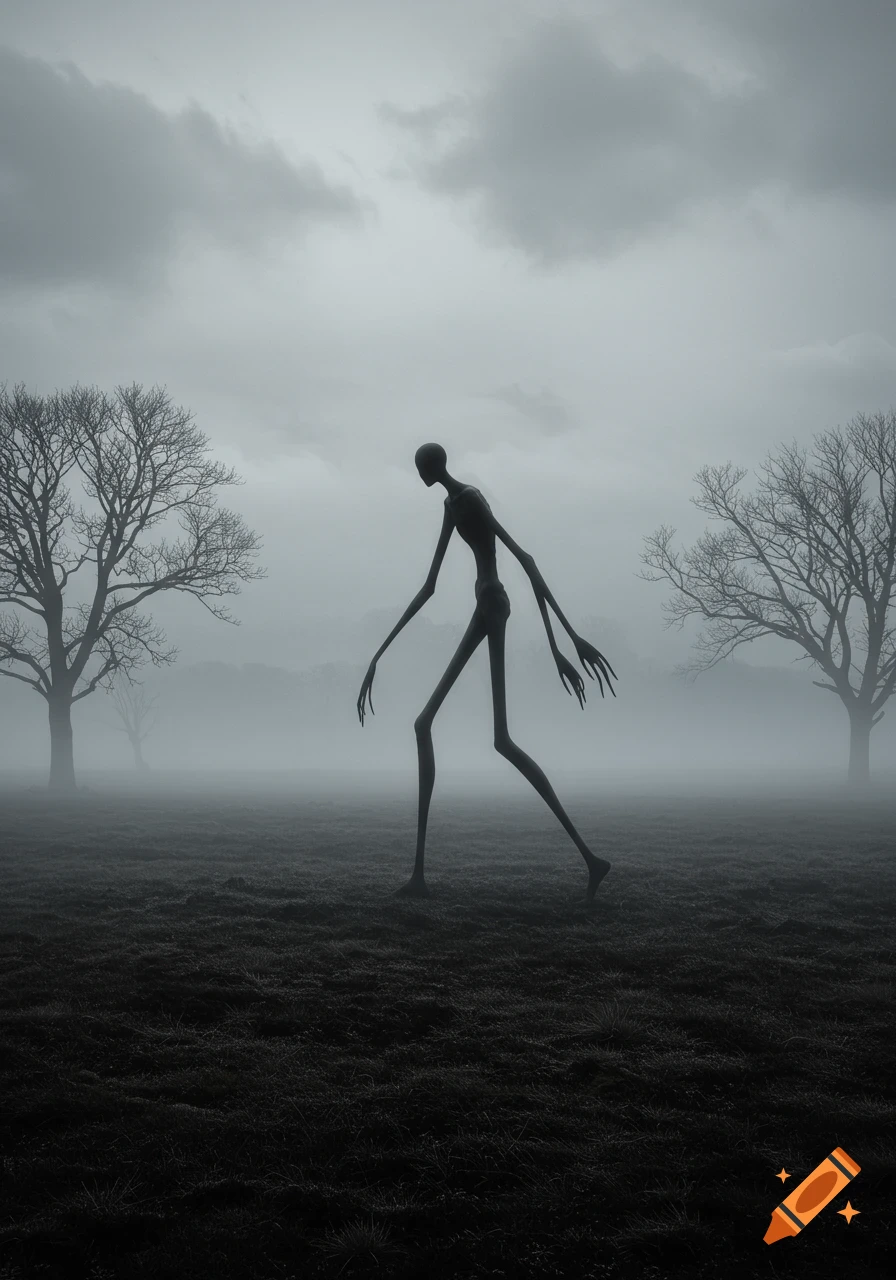 A tall, slender, skeletal humanoid figure walks through a dark, misty field with bare trees in a grayscale, realistic photo.