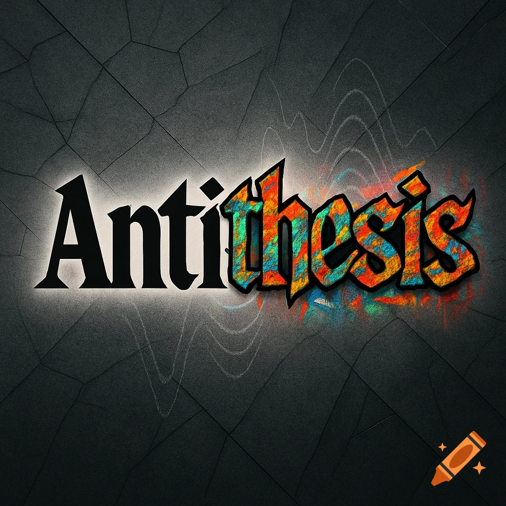 Stylized logo for "Antithesis", with the first half in glowing black text and the second half in colorful, textured graffiti font on a dark, cracked background.