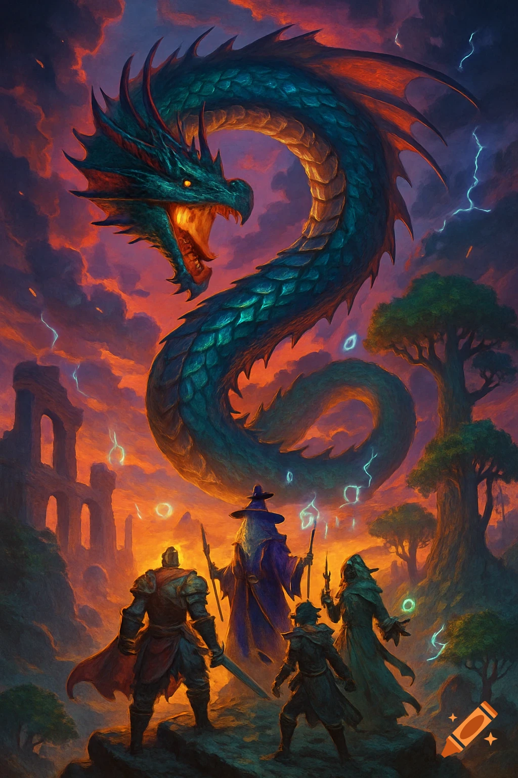 A huge green dragon looms over a wizard and adventurers in a dramatic fantasy landscape with ruins, trees, and lightning.