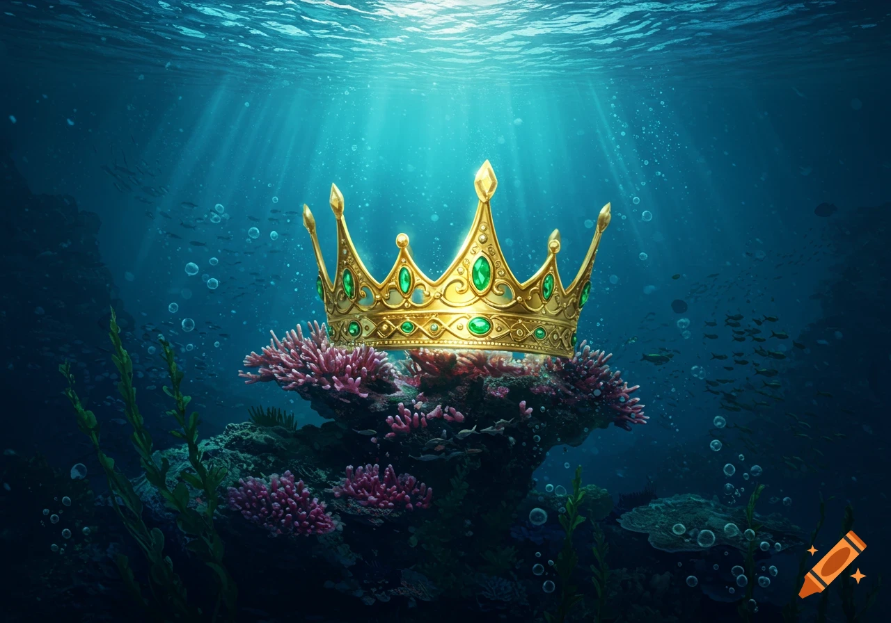 A majestic golden crown with emeralds rests on vibrant pink coral in a sunlit underwater scene with fish.