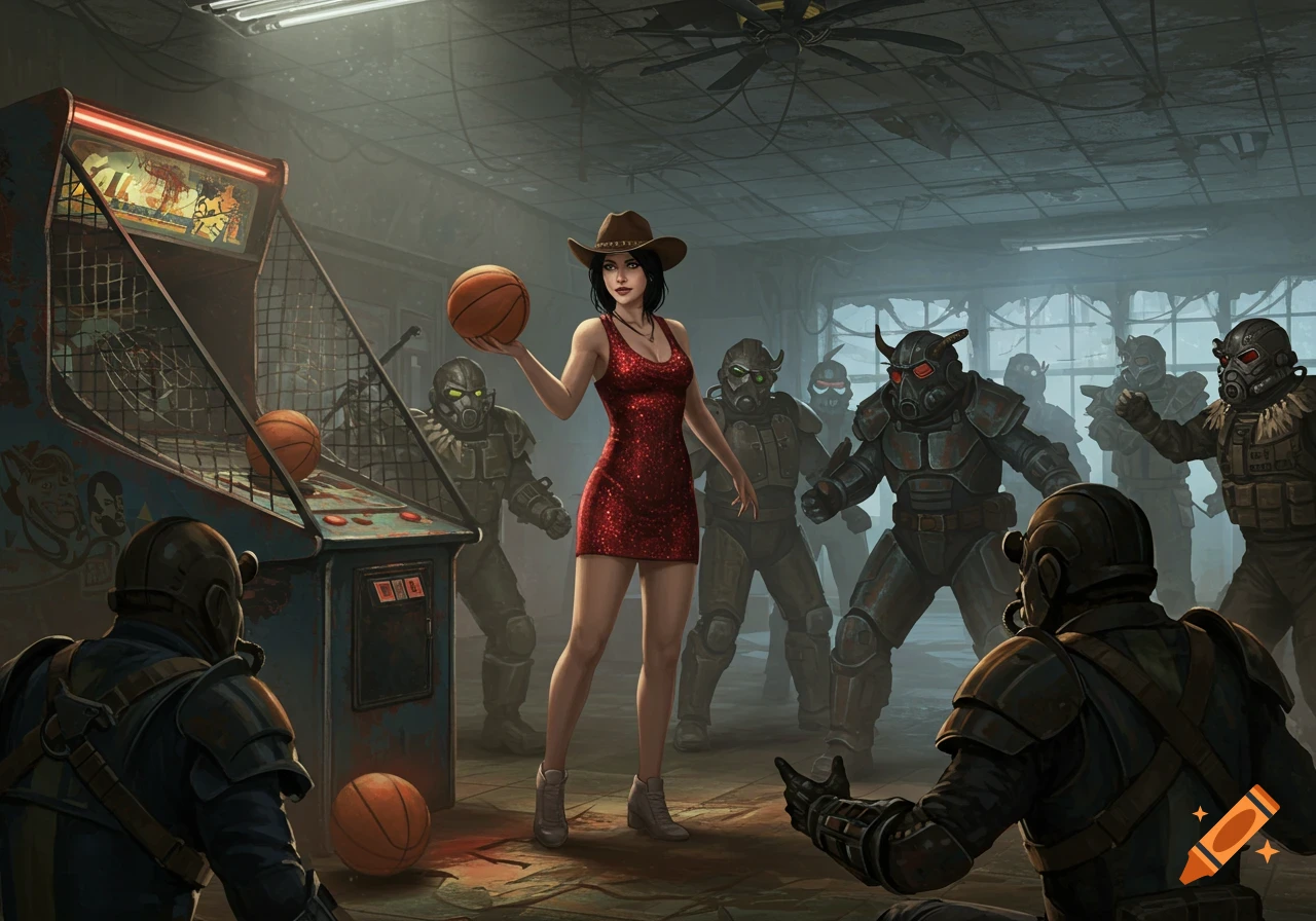 A woman in a red sparkly dress and cowboy hat plays an arcade basketball game in a ruined room, surrounded by armored raiders. Illustrated art style.