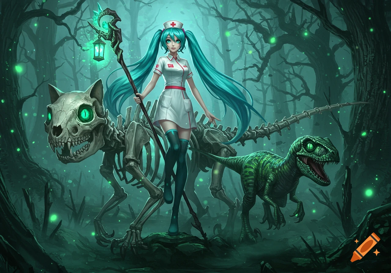 Hatsune Miku as a nurse with teal pigtails, holding a glowing staff, stands in a dark forest with a skeleton cat and a green raptor.