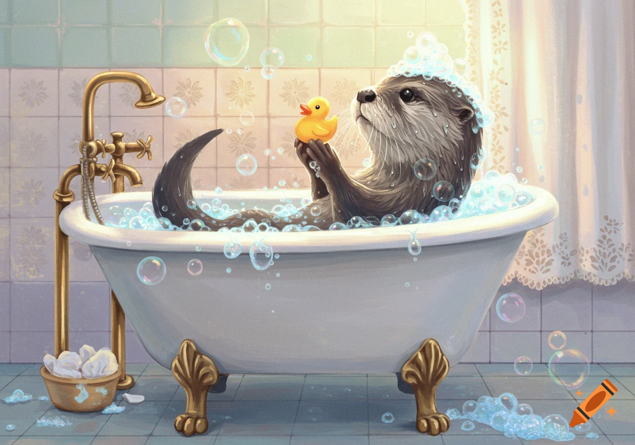 A cute otter plays with a rubber duck in a bubble bath in a charming, illustrated style.