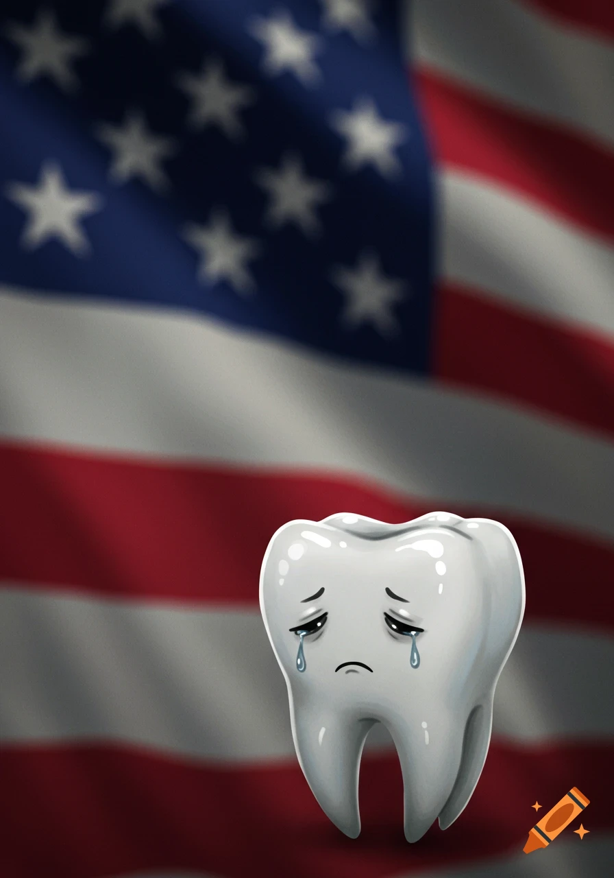 A plain drawing of a sad, crying tooth against a blurry American flag background.
