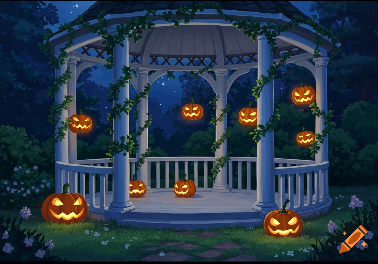 A whimsical white gazebo covered in lush green vines with glowing pumpkin lanterns in a dark, starry night.