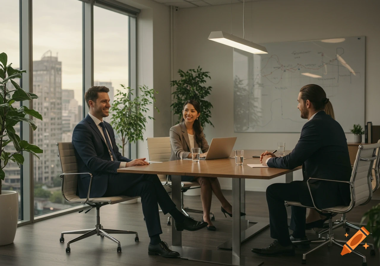 Three professionals in a bright, modern office with city views conduct a job interview at a conference table, photorealistic style.