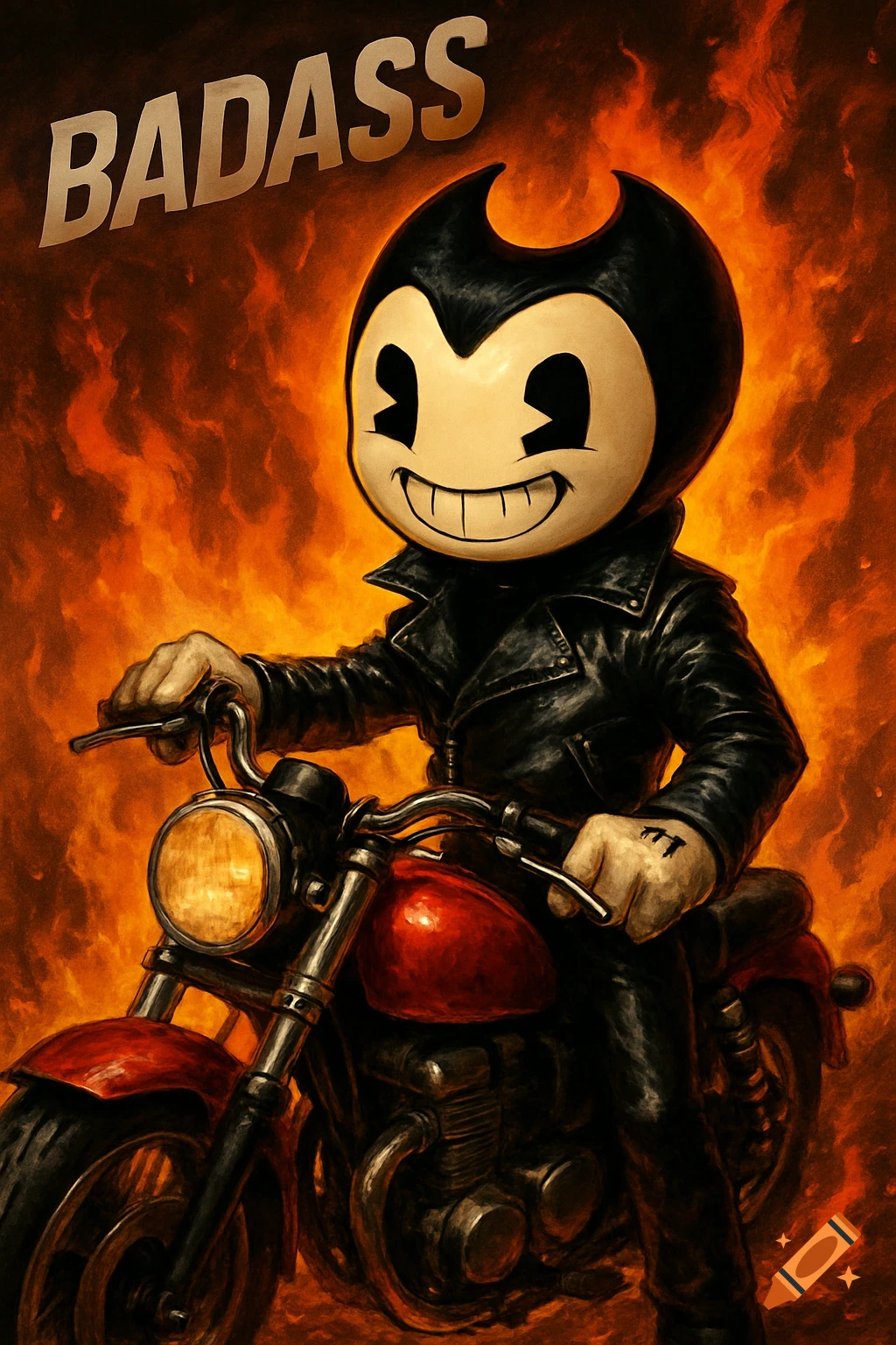 Bendy, a black and white cartoon character, grins while riding a red motorcycle surrounded by fire, with the word "BADASS" above.