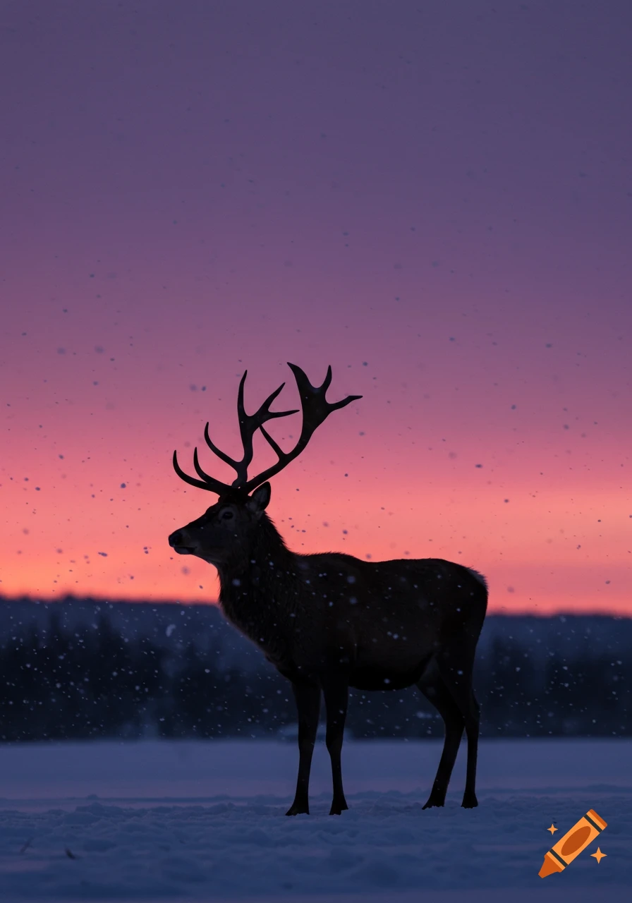 Silhouette of a deer with large antlers standing in a snowy field against a vibrant purple and orange sunset sky.