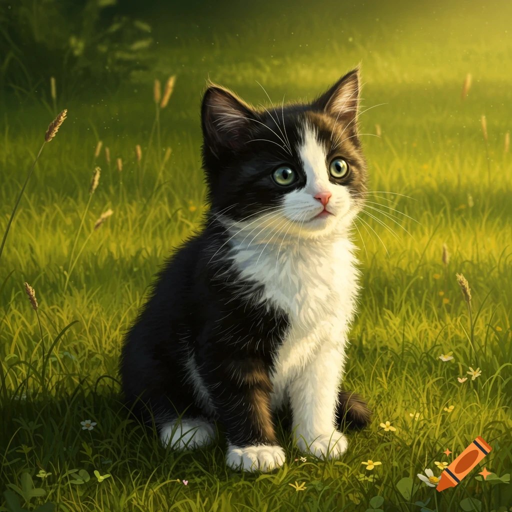 A realistic black and white kitten with green eyes sits in sunlit green grass with small white and yellow flowers.