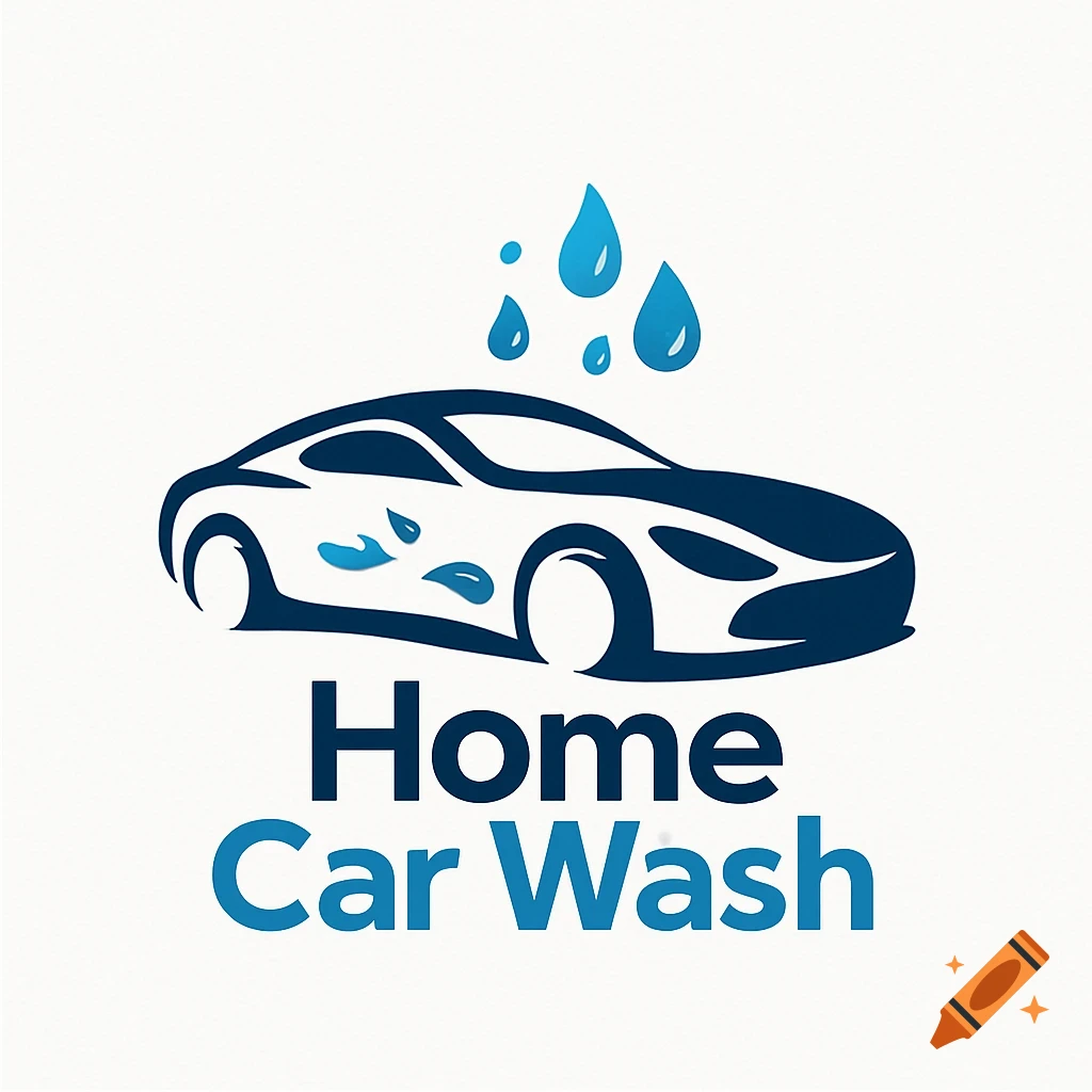 Blue and white logo for 'Home Car Wash' showing a stylized car with water droplets.