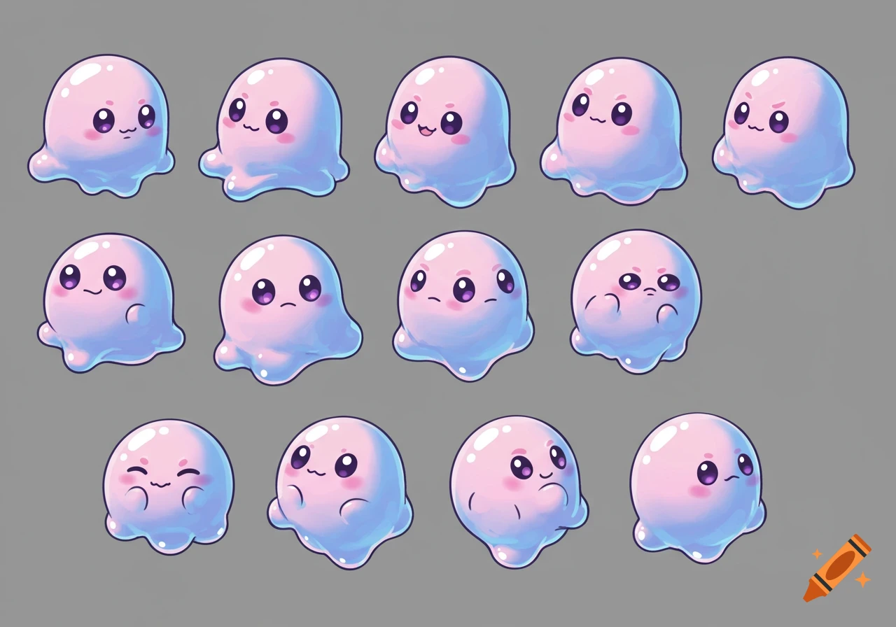 A grid of 14 cute, round pink and blue blob-like characters, each with a different facial expression, against a gray background.