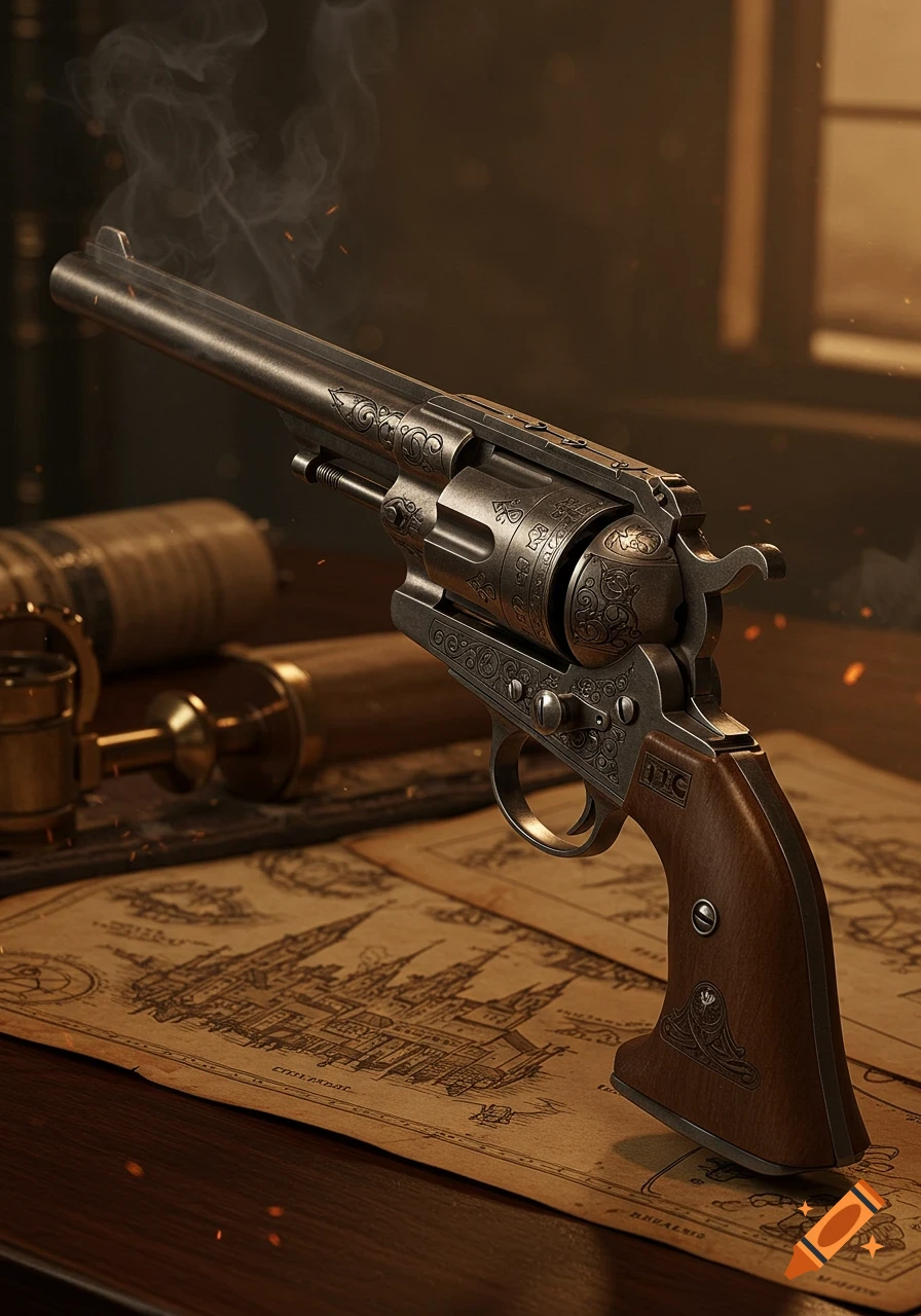 An intricately engraved, vintage-style revolver with a wooden grip rests on an old map, with faint smoke curling in the background in a dark, atmospheric setting.