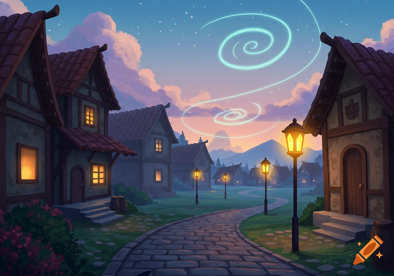 Cartoon fantasy village at dusk with glowing streetlights, a cobblestone path, and glowing spirals in the sky.