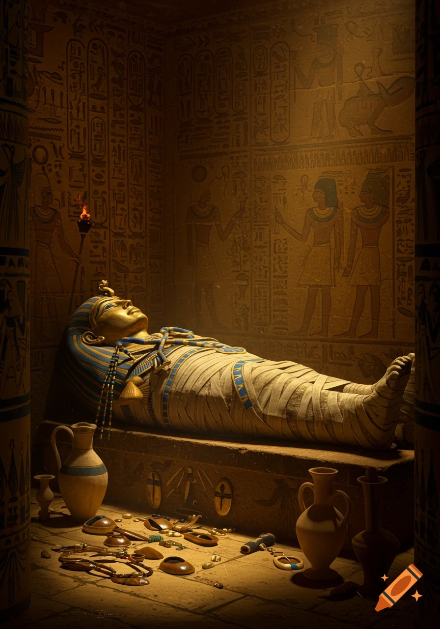 A golden-faced mummy wrapped in blue and white bandages rests in a dimly lit ancient Egyptian tomb, surrounded by treasures and hieroglyphs.