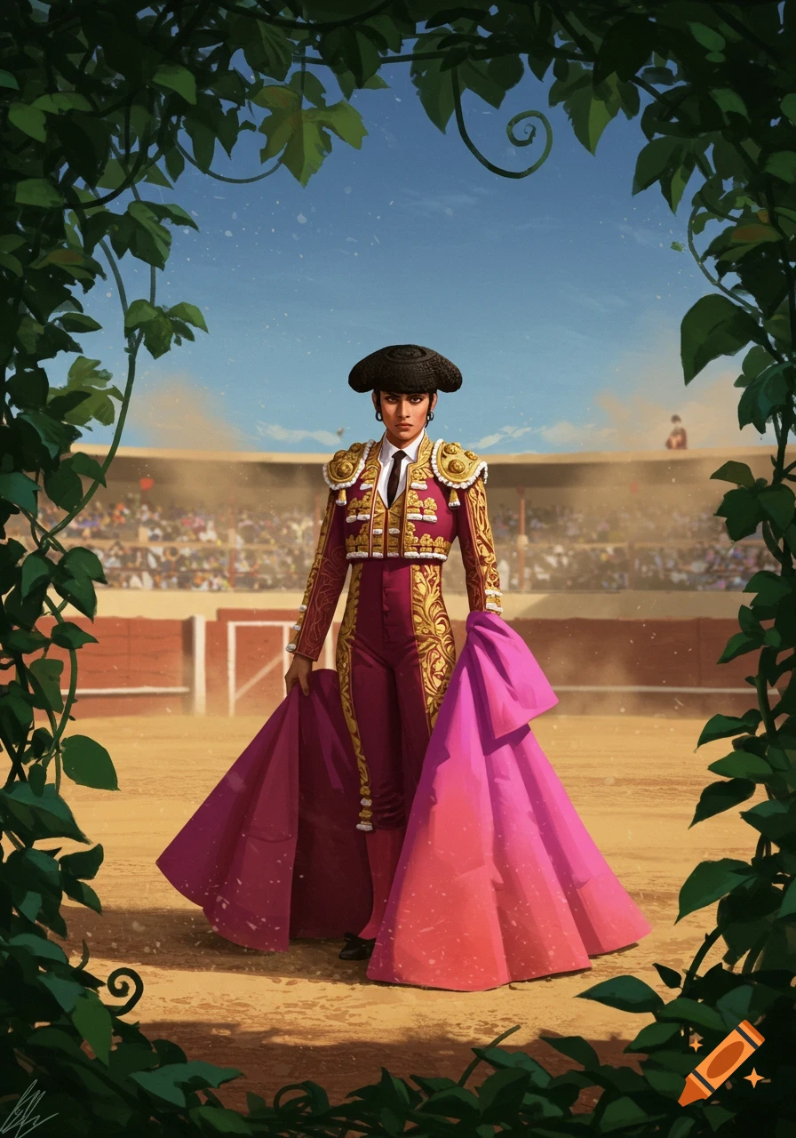 An illustration of a female matador in a magenta and gold suit, standing in a bullring, framed by green vines.