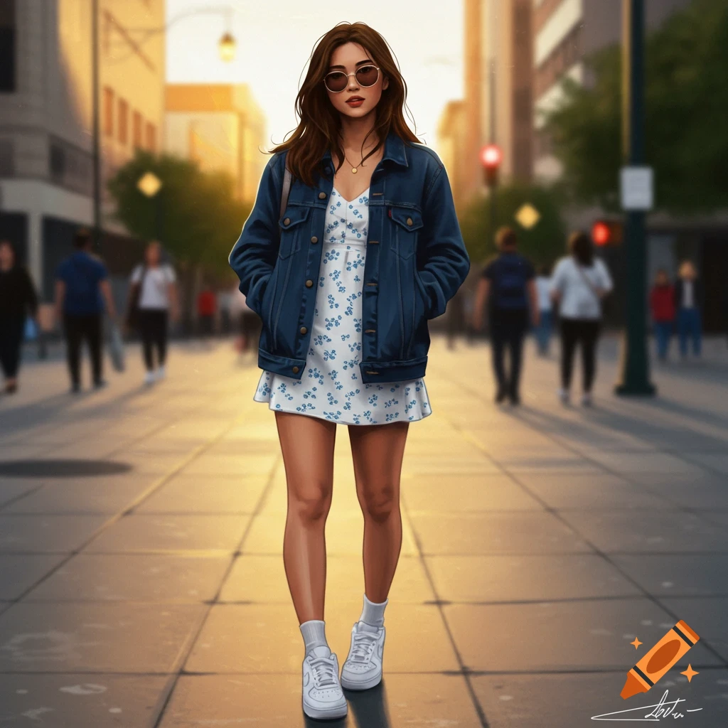 A stylish woman with long brown hair, sunglasses, a white floral mini dress, and a blue denim jacket walks down a sunlit city street.