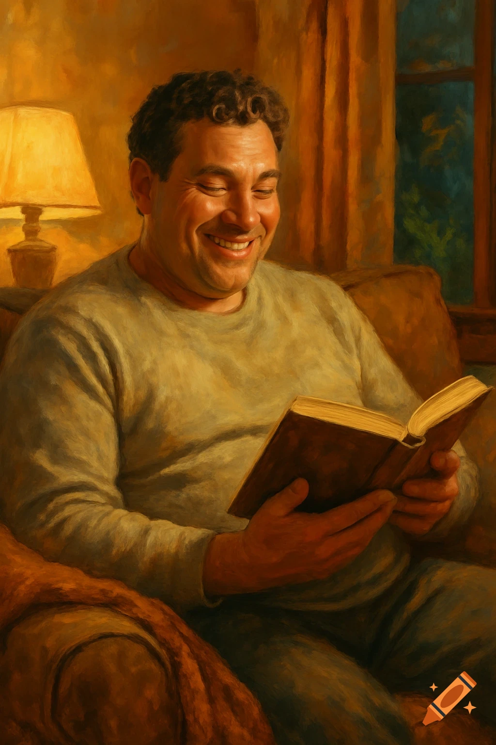 A smiling man with short, curly brown hair sits on a sofa, reading a book under warm lamp light in a painterly style.