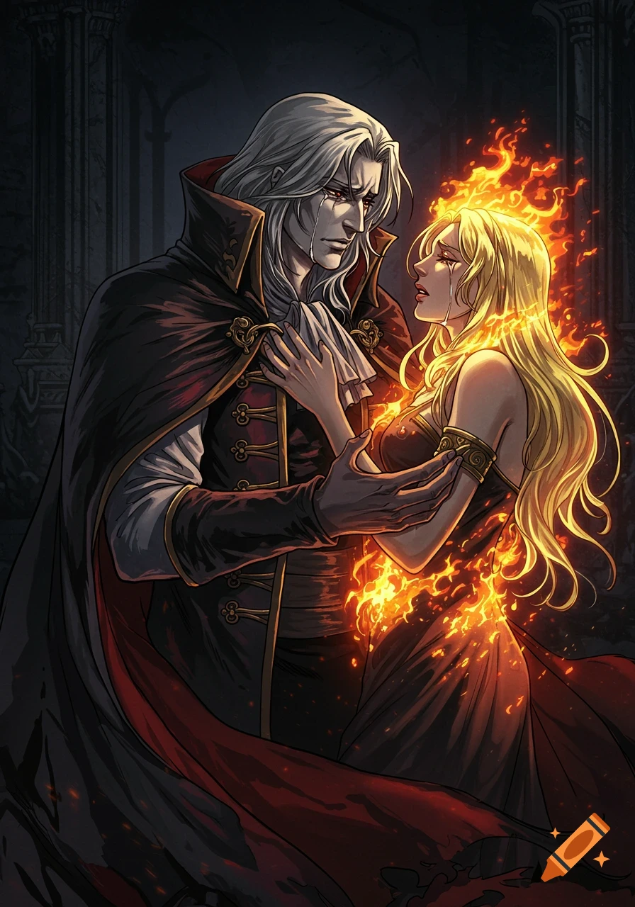 Anime art of a crying Dracula holding a flame-engulfed woman, both weeping in a dark, gothic setting.