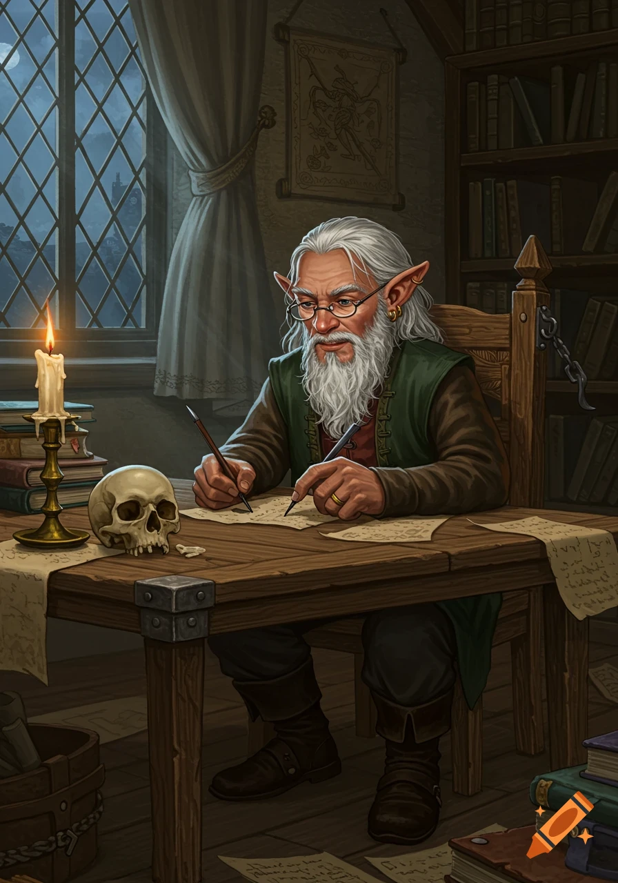 An old elf-like author with a long white beard and pointed ears writes at a wooden desk by candlelight, a skull beside him, in a dimly lit study with bookshelves and a window.