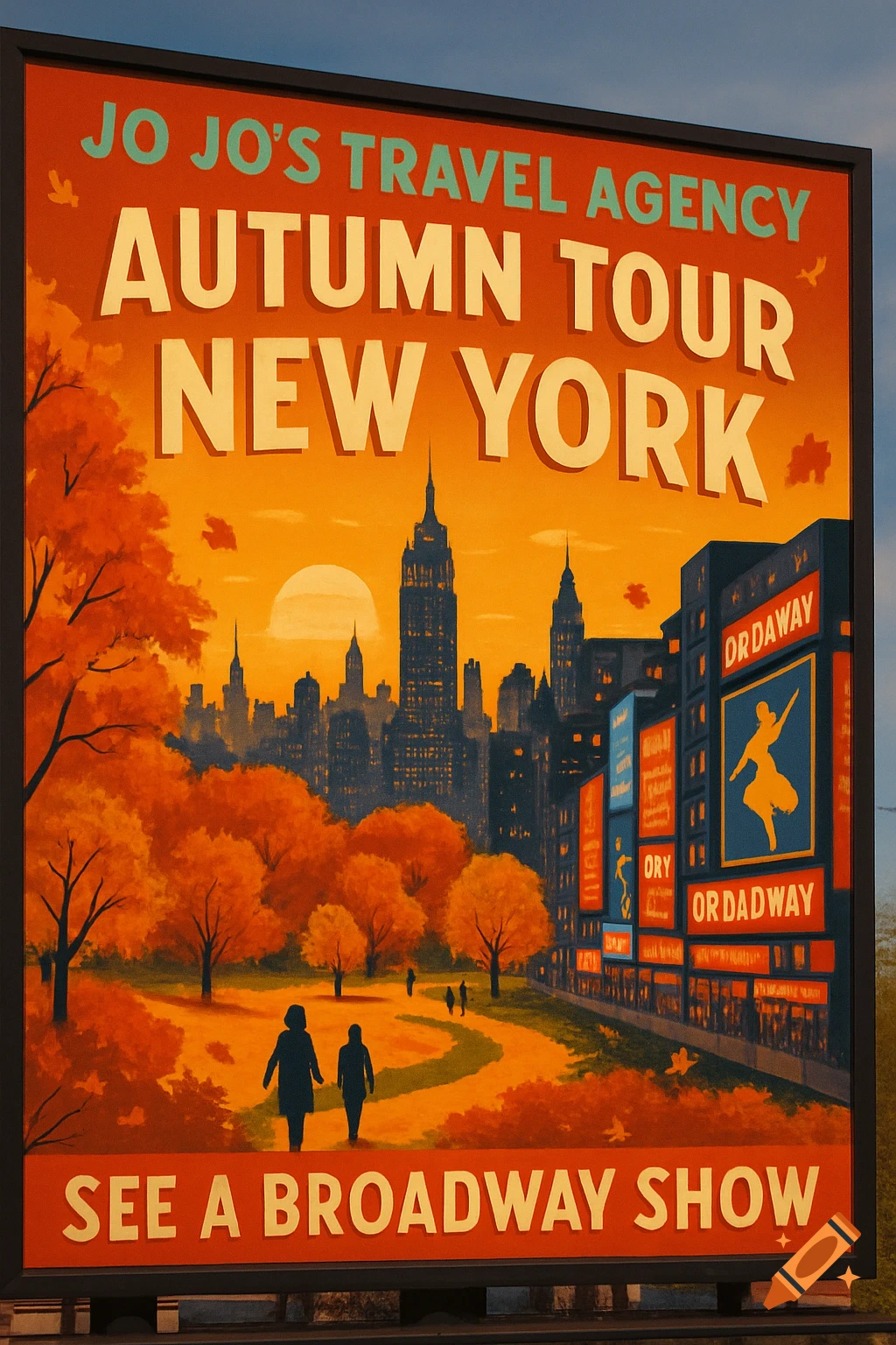 A vintage-style travel agency billboard promoting an autumn tour to New York, showing a vibrant fall park scene with a city skyline and Broadway signs.