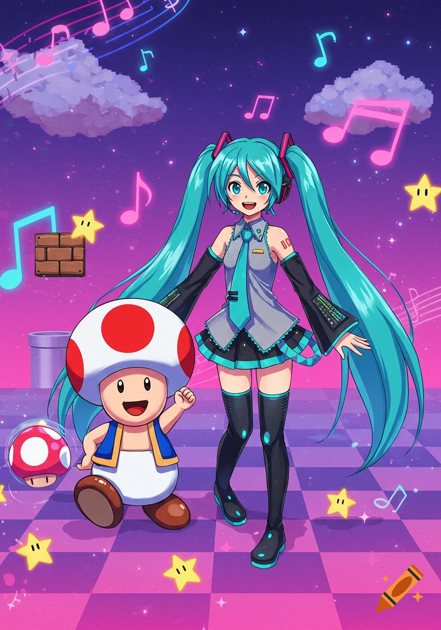 Hatsune Miku and Toad from Mario stand on a checkered floor under a starry sky with musical notes and Mario power-ups. Cartoon style.