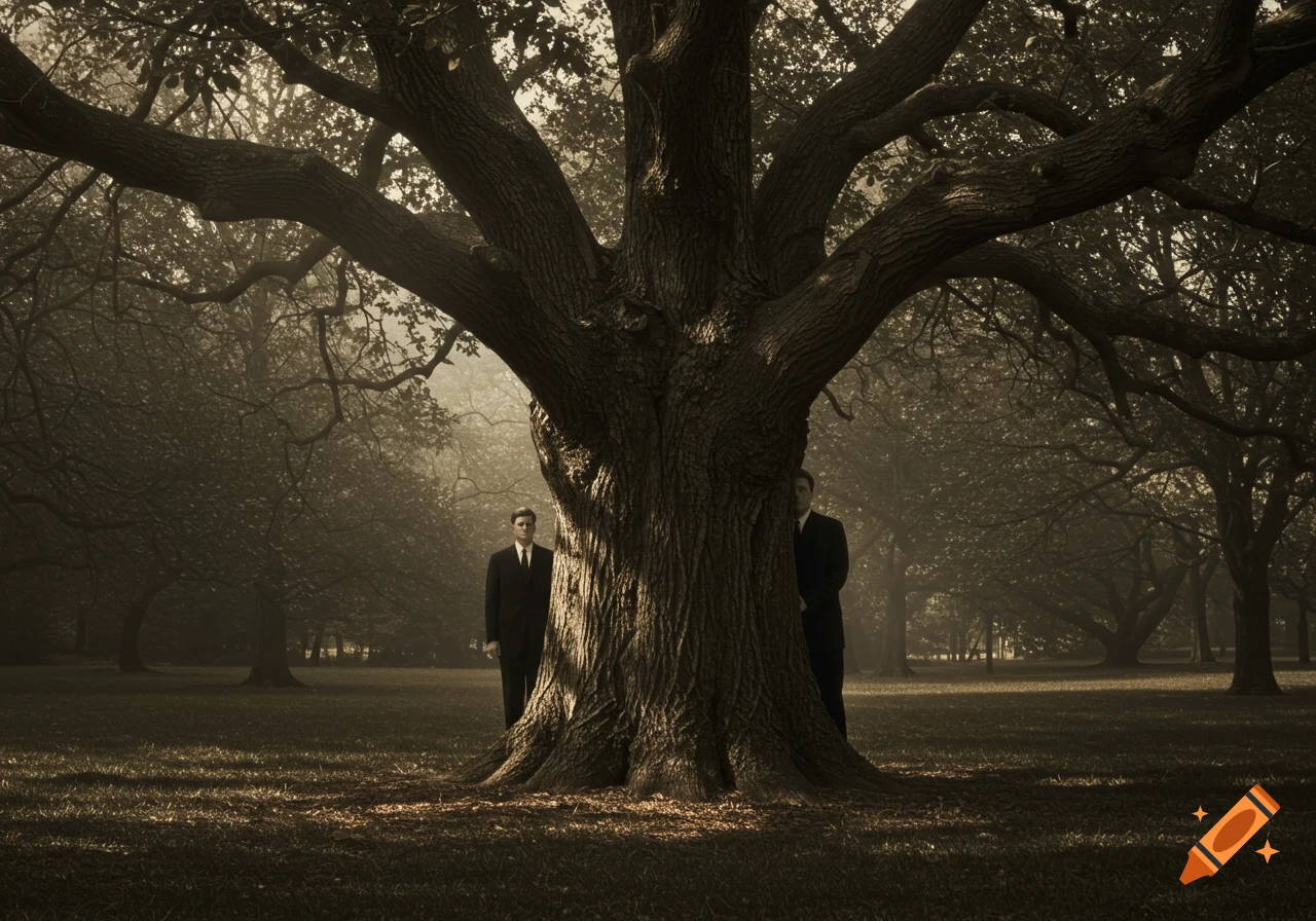 Two men in dark suits subtly peer from behind a large, ancient tree in a misty, sepia-toned park, styled as an old photograph.