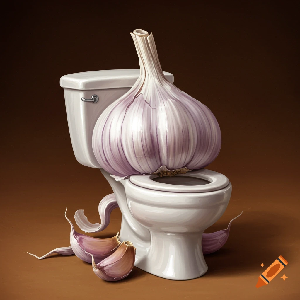 A large, pale purple garlic bulb shaped like a toilet sits on a brown surface, with loose garlic cloves scattered around. Still life with a surreal concept.