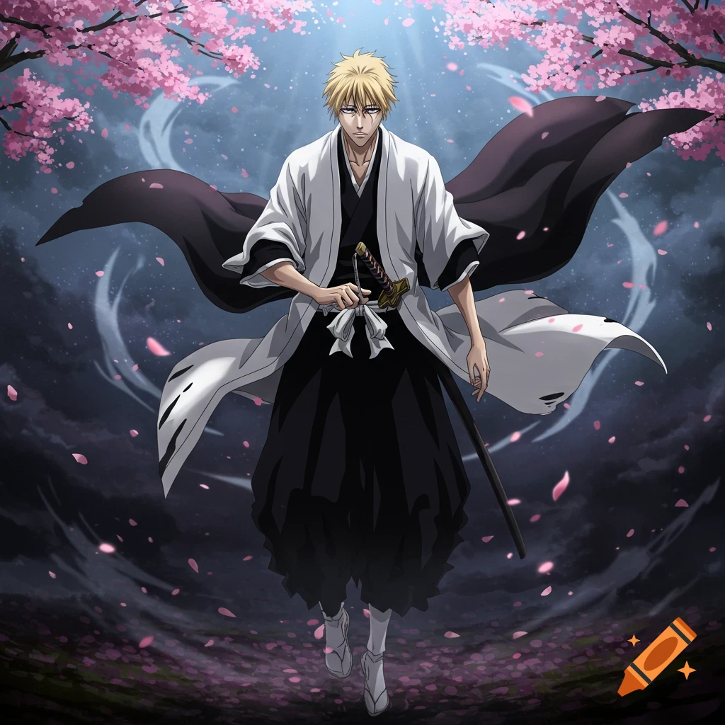 An anime character, Shinji Hirako from Bleach, with blonde hair, stands with a sword in a white and black outfit, surrounded by pink cherry blossoms.