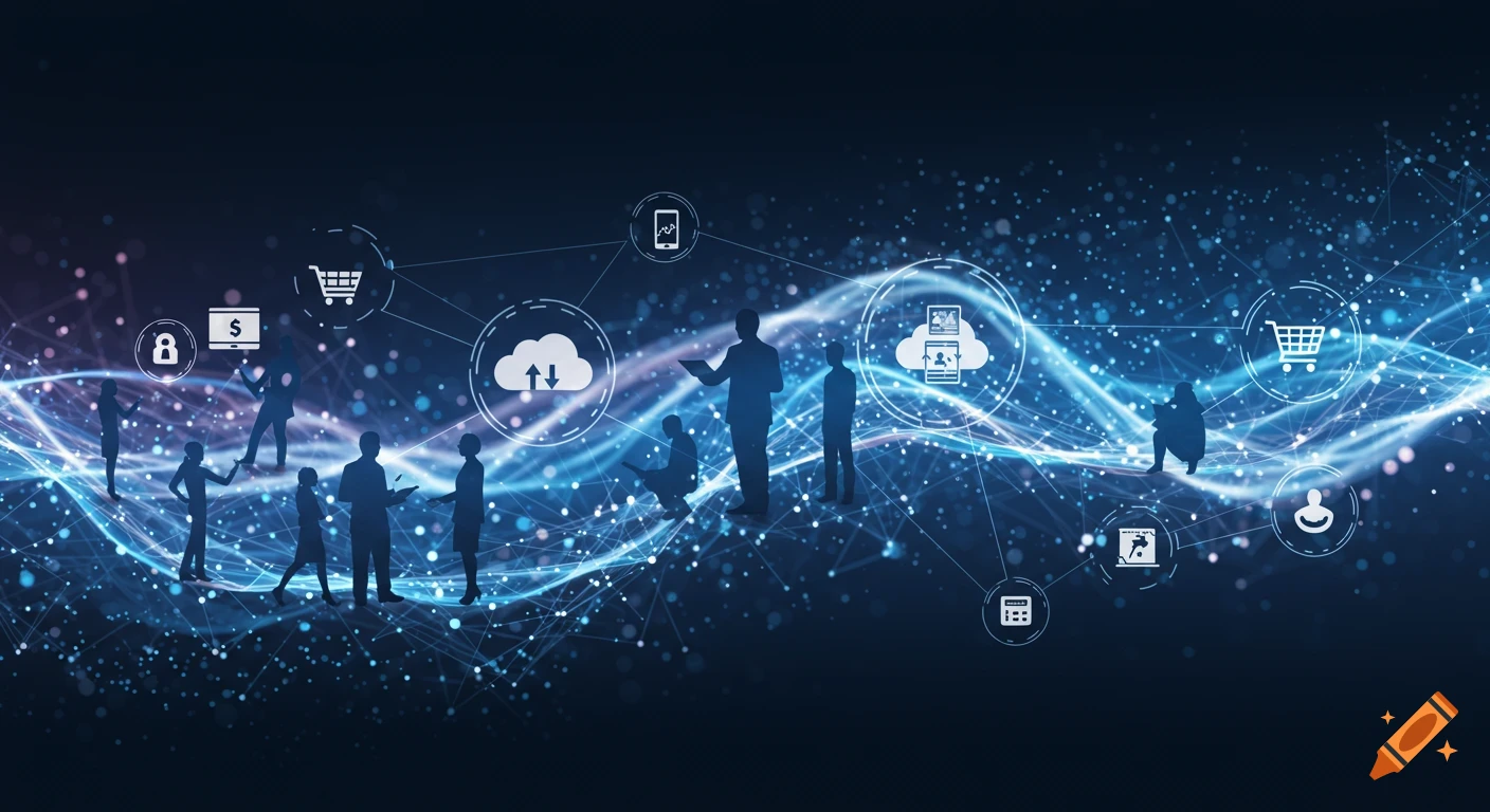 Abstract technology background with glowing blue data streams, silhouettes of professionals, and tech icons like cloud, shopping cart, and dollar sign.