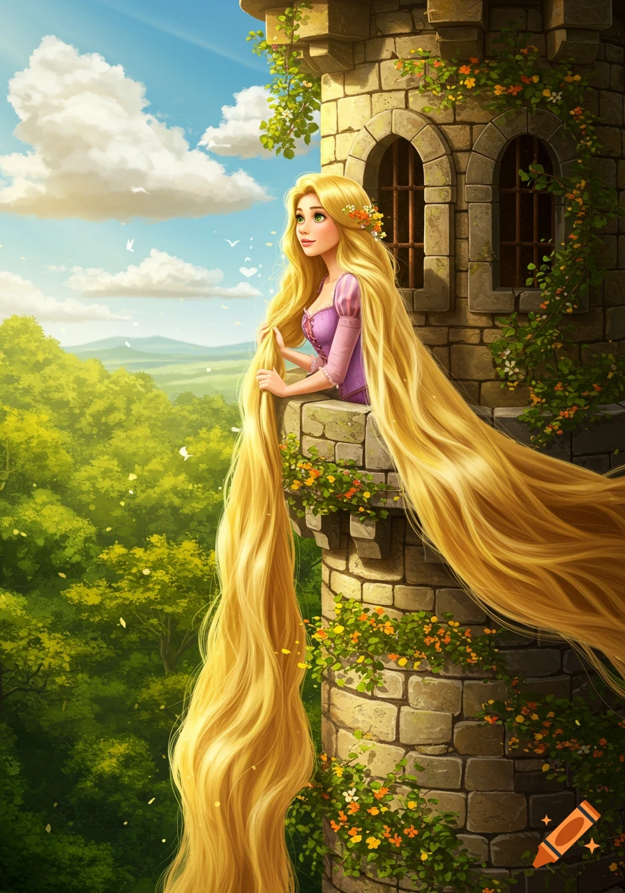 Rapunzel with flowing long blonde hair looks from a stone tower window over a vibrant green landscape under a blue sky.