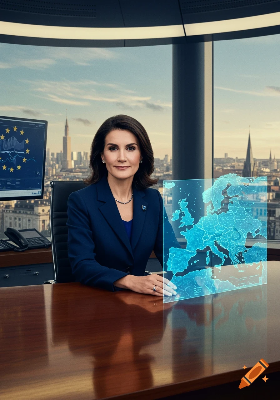 A woman in a navy suit sits at a desk with a holographic map of Europe and a monitor displaying EU flag elements, overlooking a city skyline.
