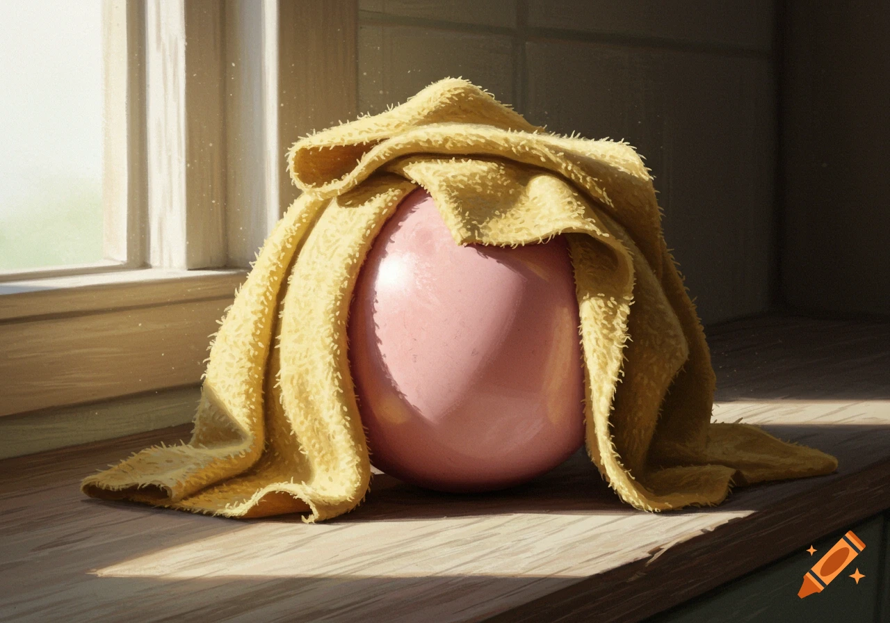 A pink bowling ball draped with a yellow dish rag sits on a wooden counter by a sunlit window.