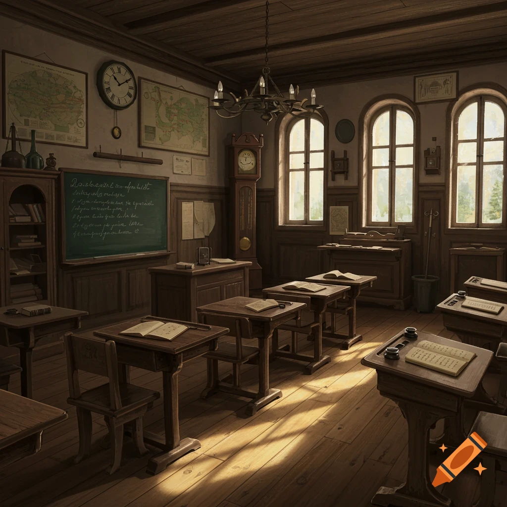 A vintage classroom from 100 years ago, with wooden desks, chairs, a blackboard, maps, and tall arched windows casting sunlight on the floor.