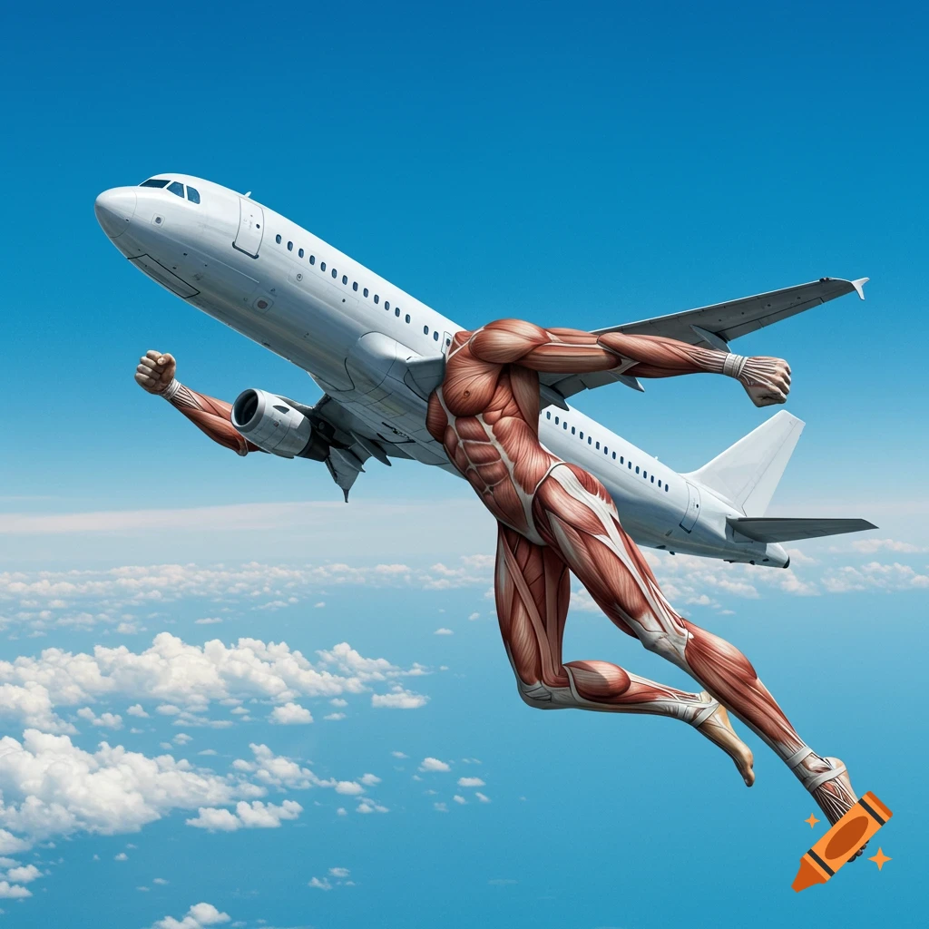 A photorealistic, surreal image of a white airplane with human muscle arms and legs flying in a blue sky with clouds.