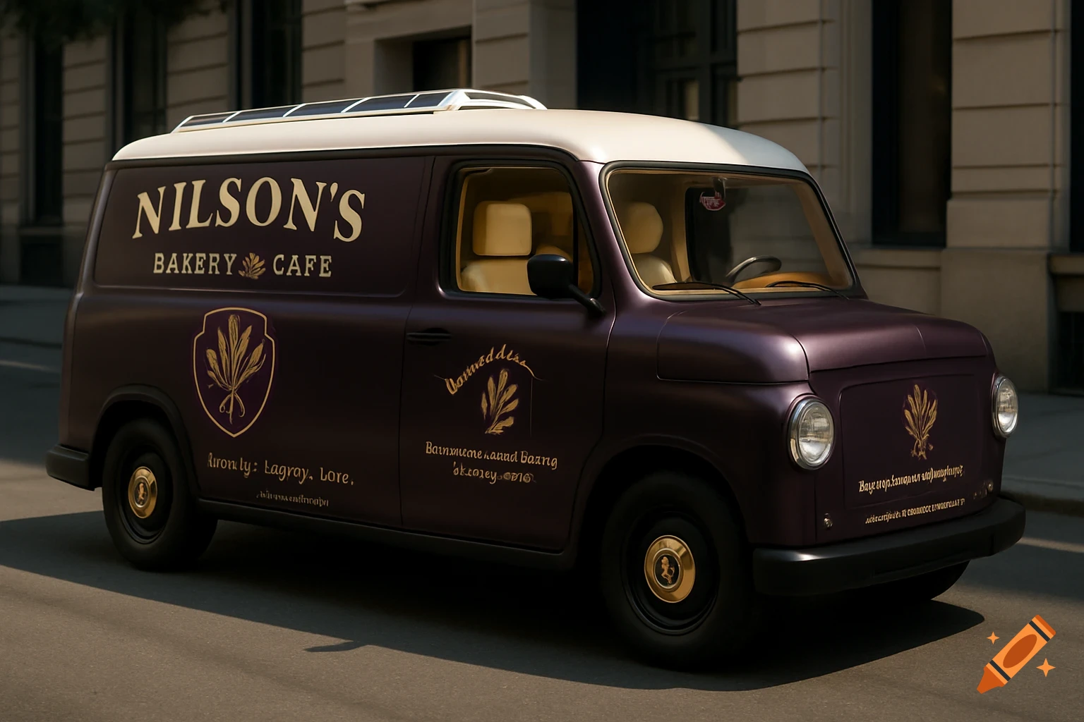 A purple and white vintage-style delivery van with 'NILSON'S BAKERY CAFE' branding drives on a city street.