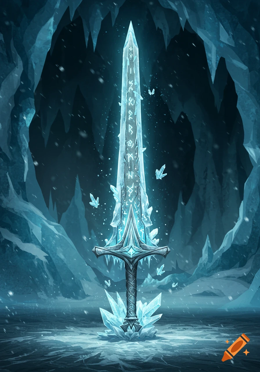 A glowing, ice-blue longsword with runes on its blade stands in a dark, snowy ice cave surrounded by crystals.