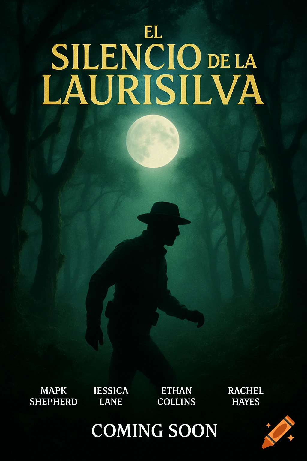 Movie poster for 'El Silencio de la Laurisilva' showing a man's silhouette in a hat walking through a dark, foggy forest under a full moon.