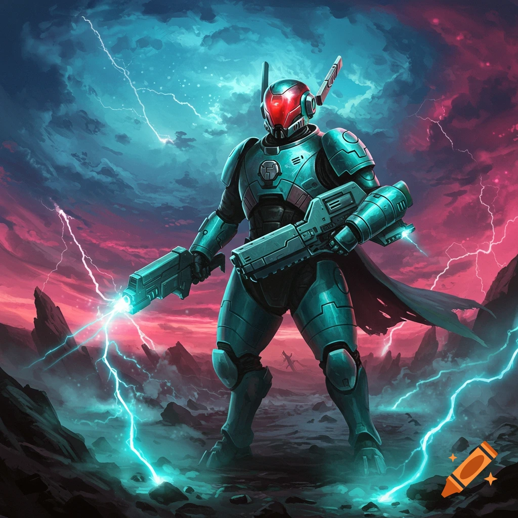 A futuristic armored warrior with a red-visored helmet holds energy guns, standing amidst a stormy, lightning-filled alien landscape.
