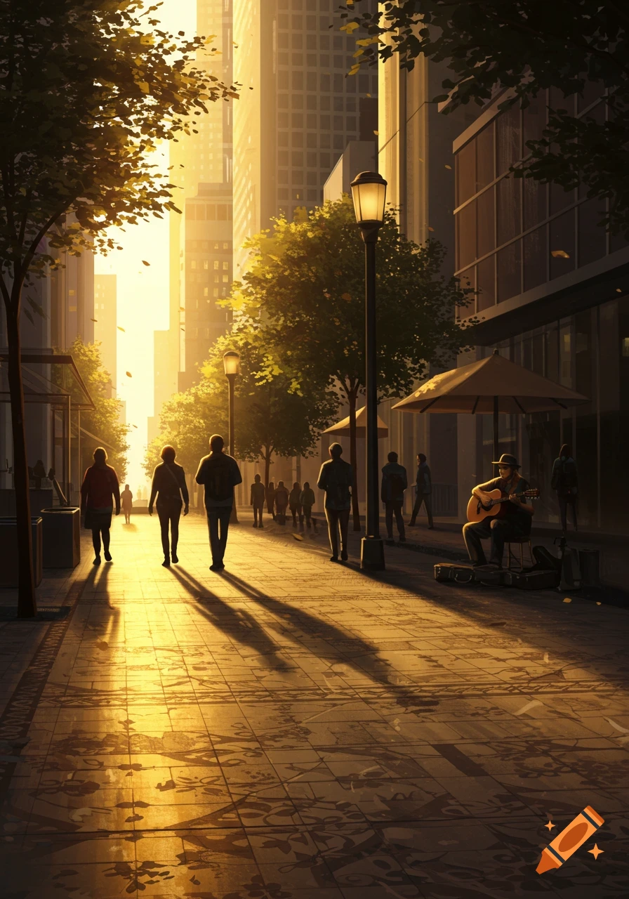 A bright, golden-lit illustration of a city sidewalk with people walking and a street musician playing guitar.