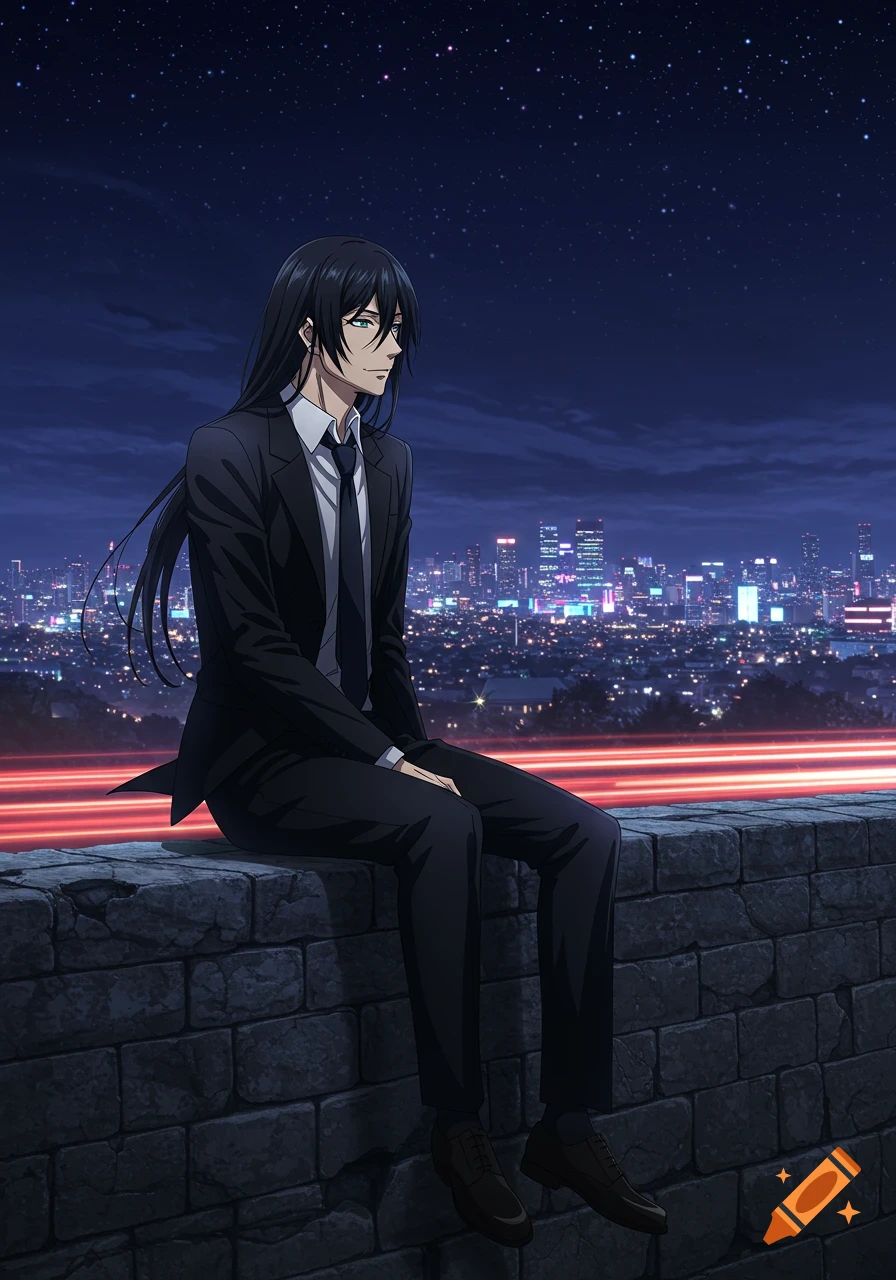 Anime man with long black hair in a suit sits on a wall overlooking a neon-lit city at night, under a starry sky.