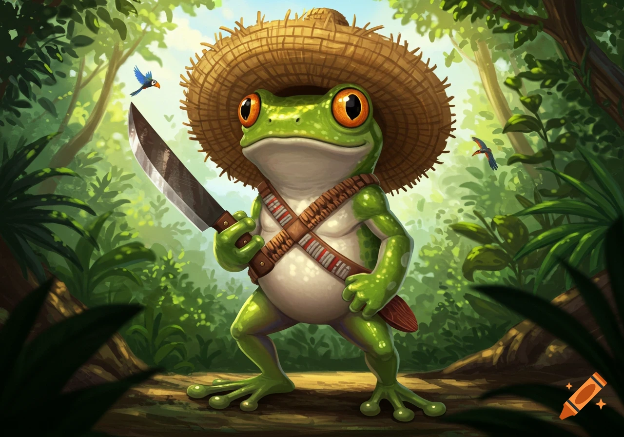 An anthropomorphic frog in a straw hat and bandolier holds a machete, standing in a lush jungle with birds. Detailed illustration.