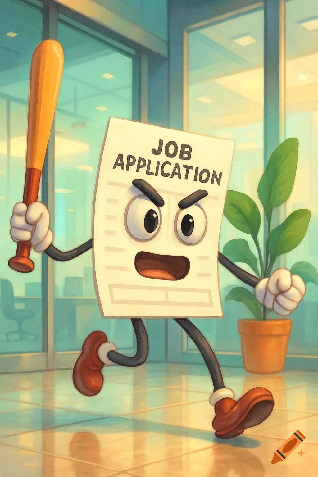 A cartoon job application character with eyes, mouth, and legs, holding a baseball bat, running in an office building.