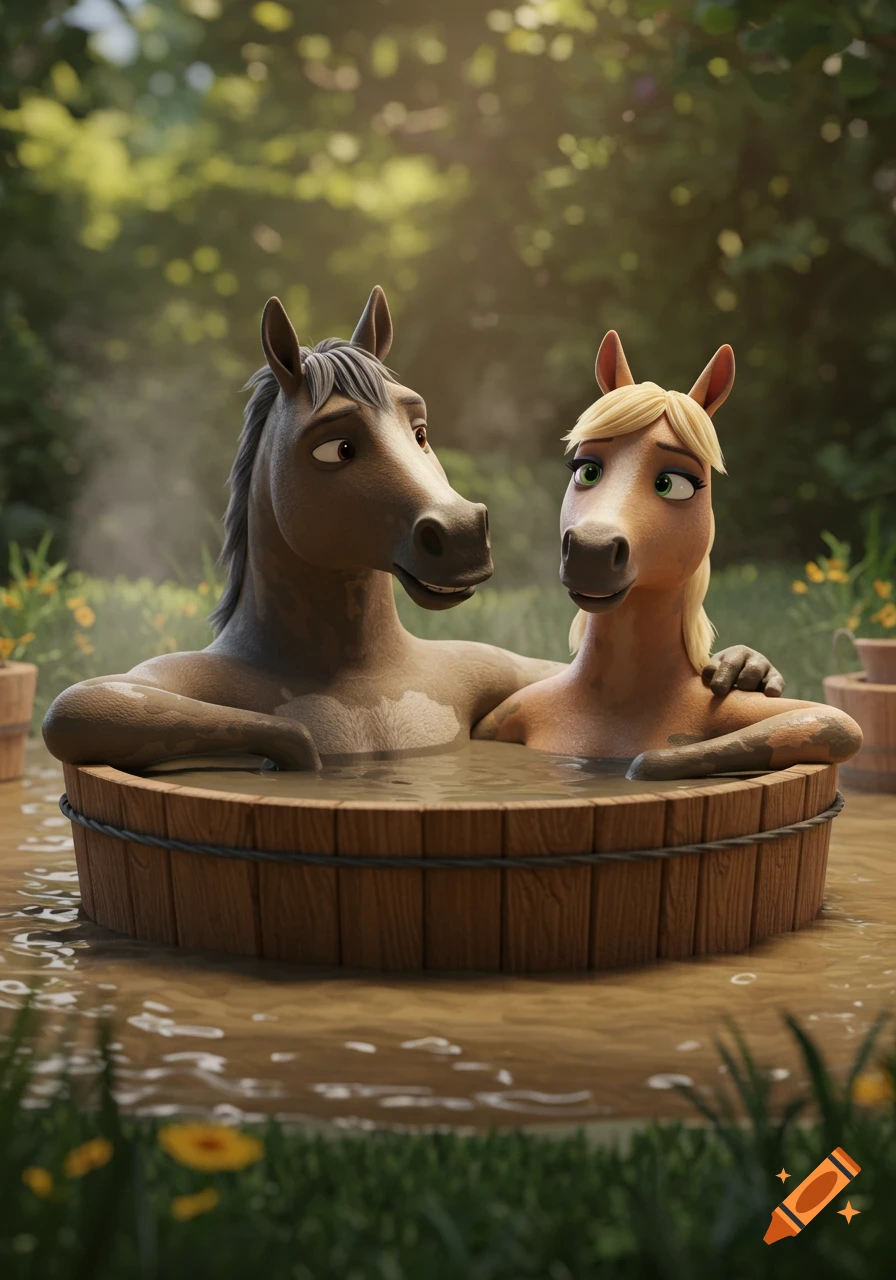 Two anthropomorphic cartoon horses, male and female, relax in a wooden mud hot tub outdoors.