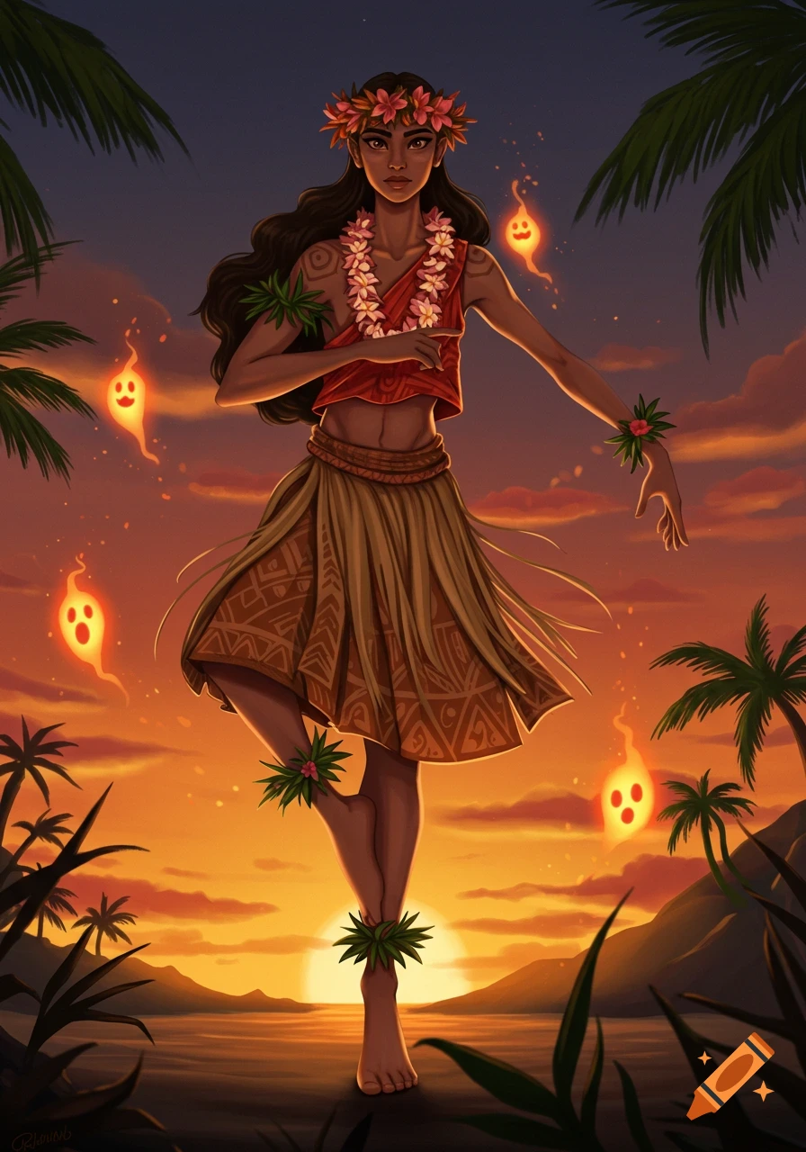 A dark-skinned woman in traditional Hawaiian attire dances on a beach at sunset, surrounded by glowing spirits and palm trees, in a vibrant illustration.