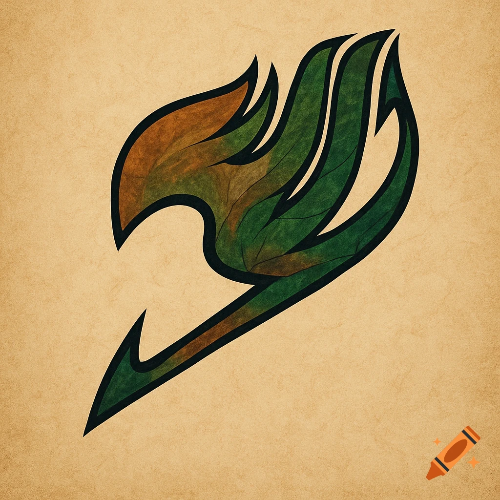 A stylized Fairy Tail guild logo in forest green, brown, and black on a textured beige background.