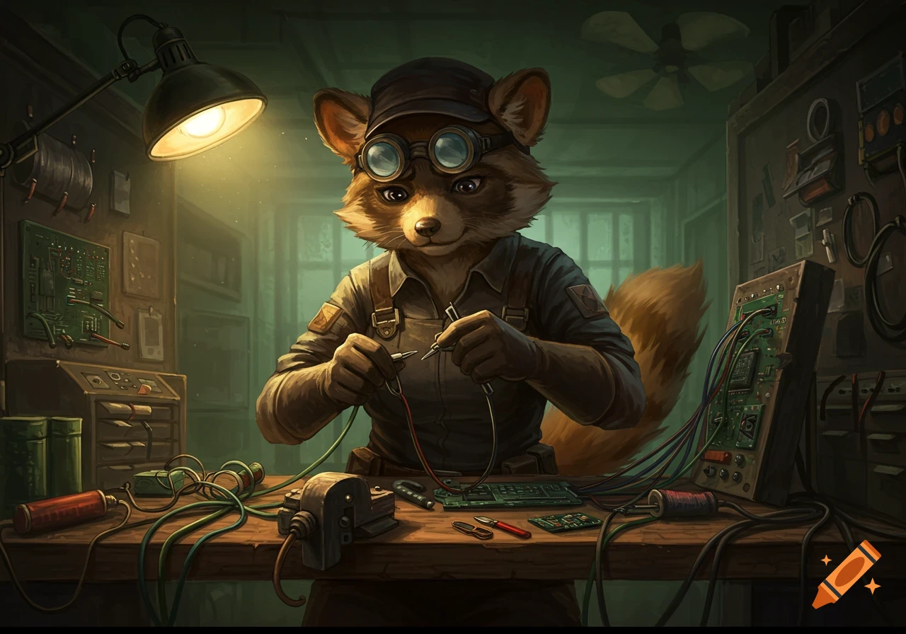 An anthropomorphic tanuki engineer in goggles works on complex wiring and circuit boards at a brightly lit workbench.