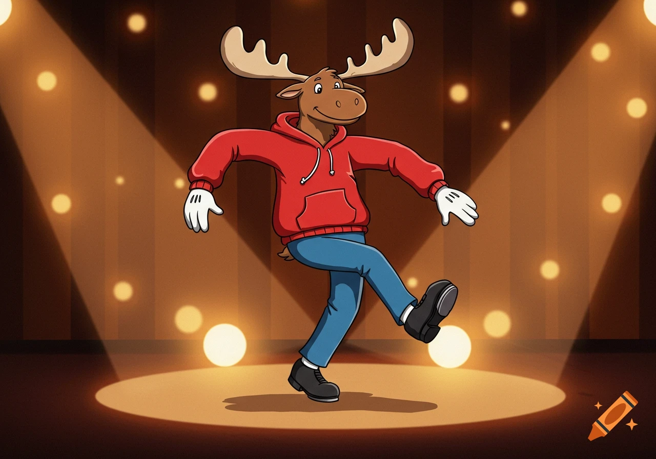 A friendly cartoon moose wearing a red hoodie, white gloves, blue pants, and black tap shoes tap dances on a spotlighted stage.