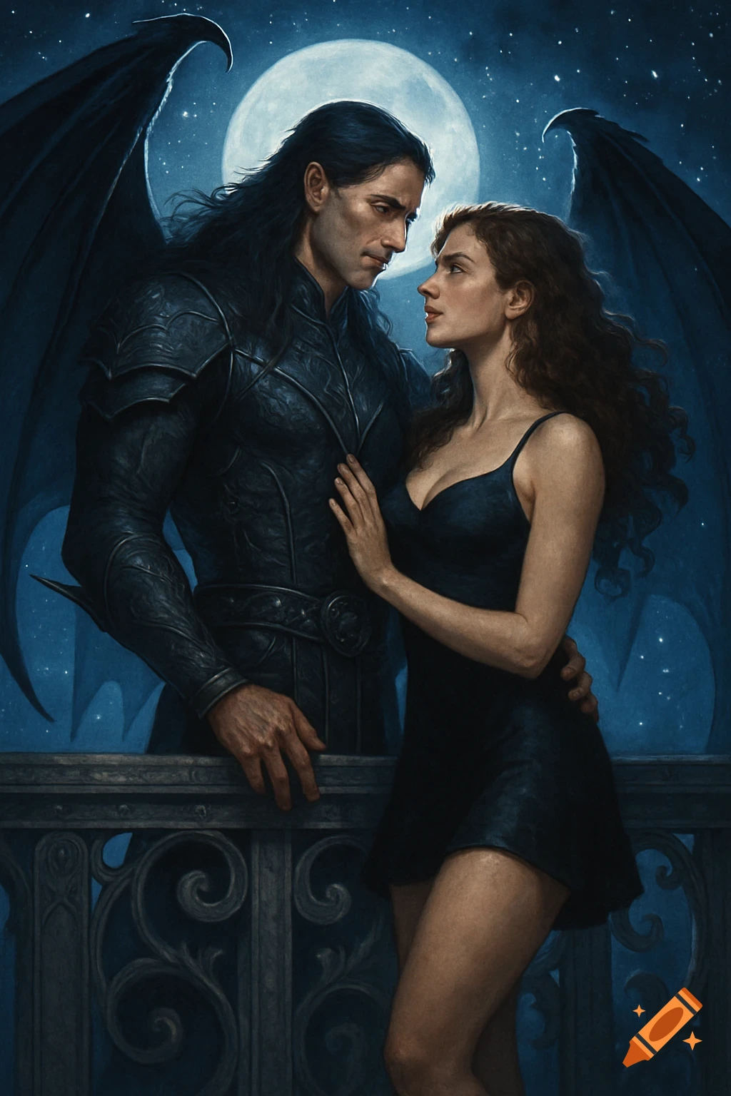 Dark-winged man in armor embraces a woman in a black dress on a balcony at night, a full moon behind them, in fantasy book cover style.